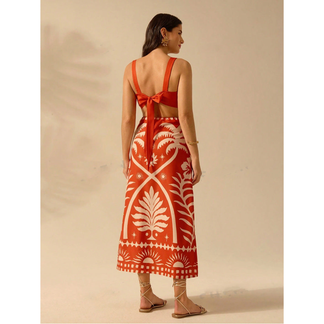 Summer Vacation Coconut Tree Printed Short Strap Top and Fit Maxi Skirt Suit