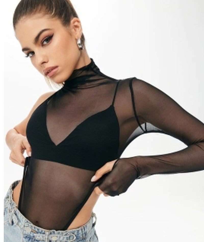 Women'S Sheer Long Sleeve One-Shoulder Bottoming Top