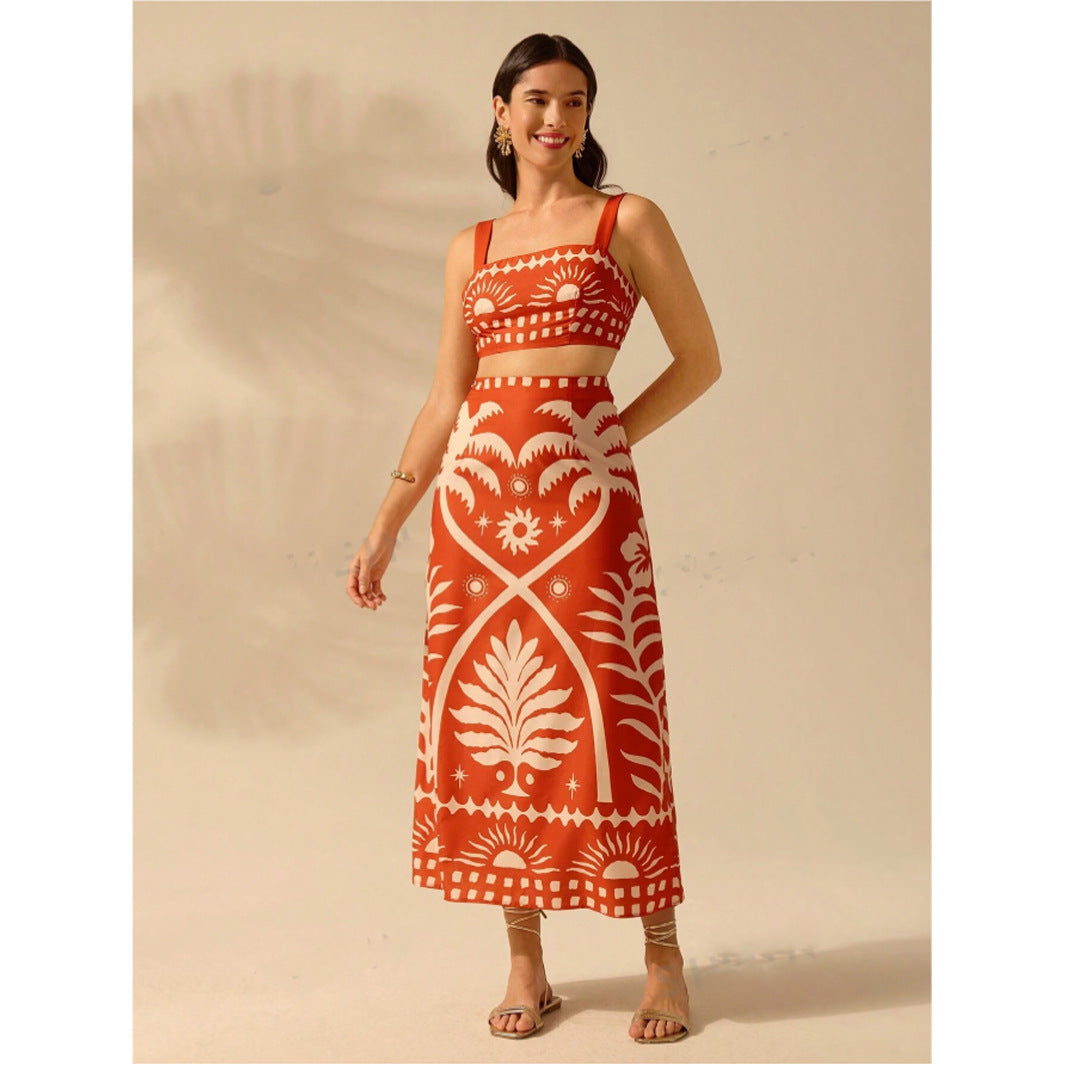 Summer Vacation Coconut Tree Printed Short Strap Top and Fit Maxi Skirt Suit