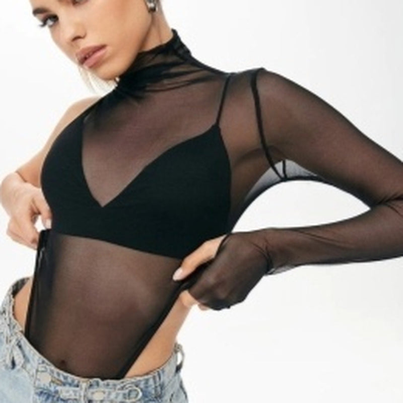 Women'S Sheer Long Sleeve One-Shoulder Bottoming Top