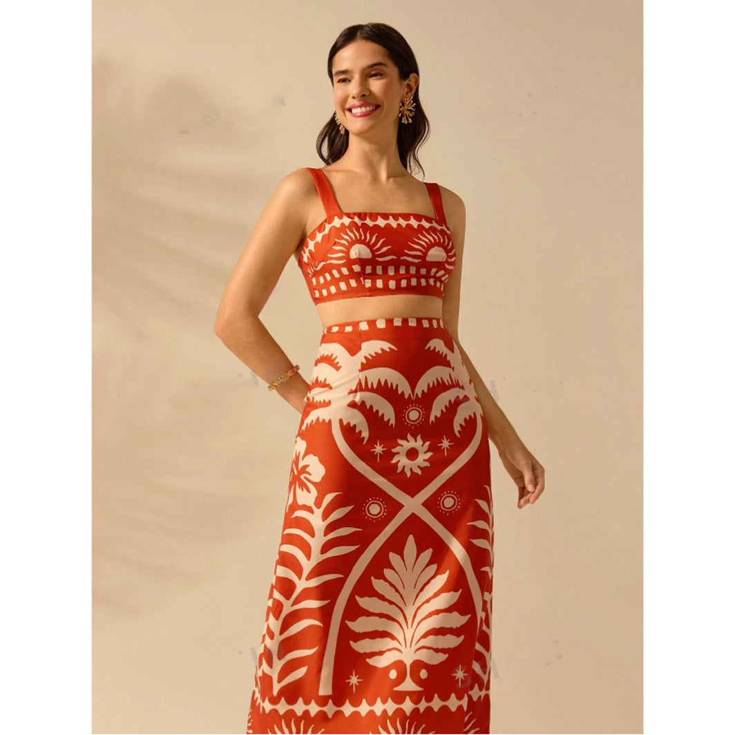 Summer Vacation Coconut Tree Printed Short Strap Top and Fit Maxi Skirt Suit