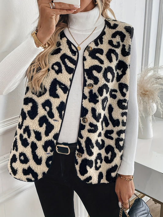 New Leopard Design Front Button Plush Fashion Vest