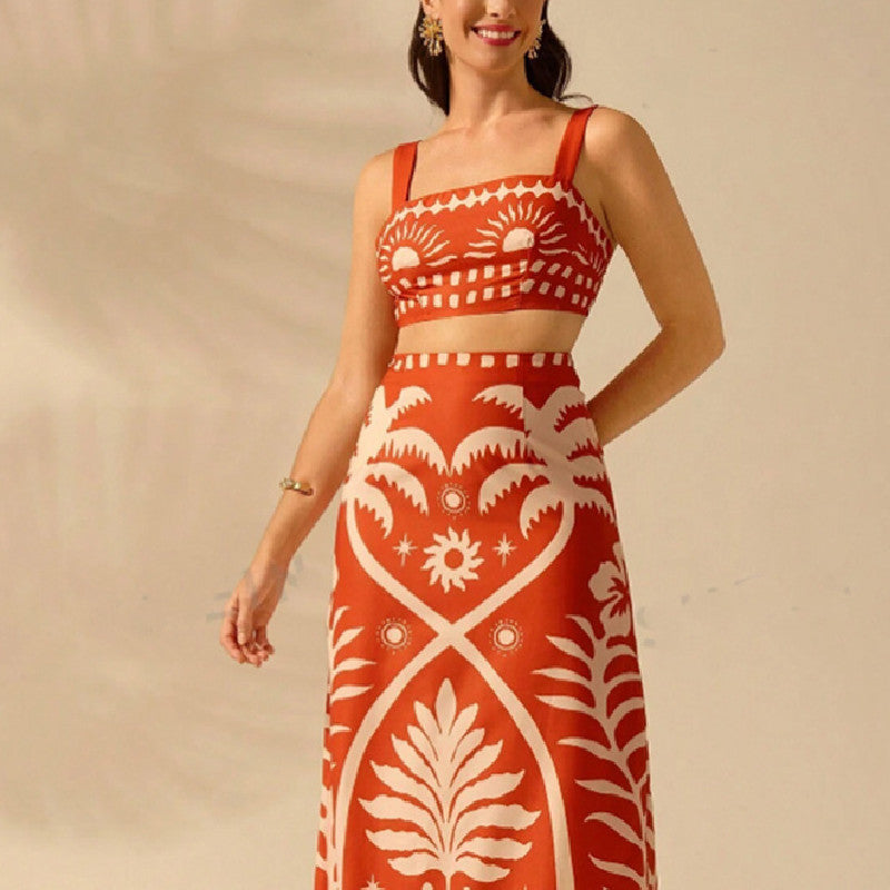 Summer Vacation Coconut Tree Printed Short Strap Top and Fit Maxi Skirt Suit